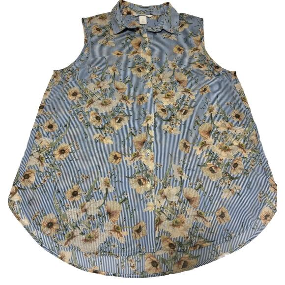 H&M Women’s Sz 8 Sleeveless Button Up Sheer Floral Striped Cottage Prairie Boho - Picture 1 of 7